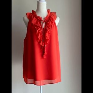 Flattering Kensie Sleeveless Ruffled Neckline with Ties Orange Size Large